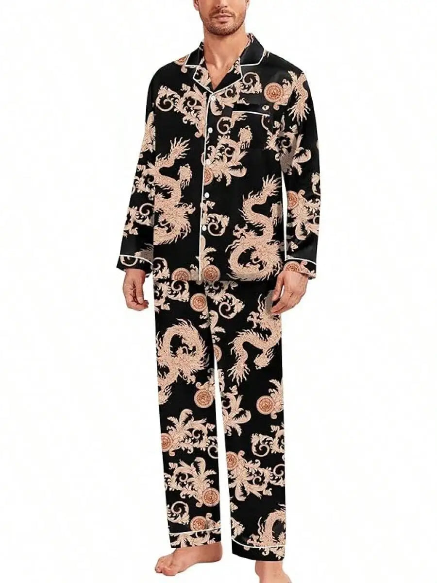 Mens Silk Satin Pajama Set Button Down Long Sleeve Loungewear With Long Pants