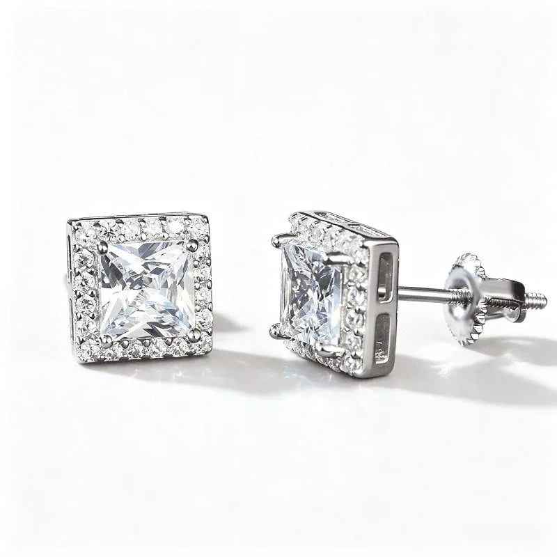 Moissanite Halo Princess Cut Stud Earrings 925 Sterling Silver