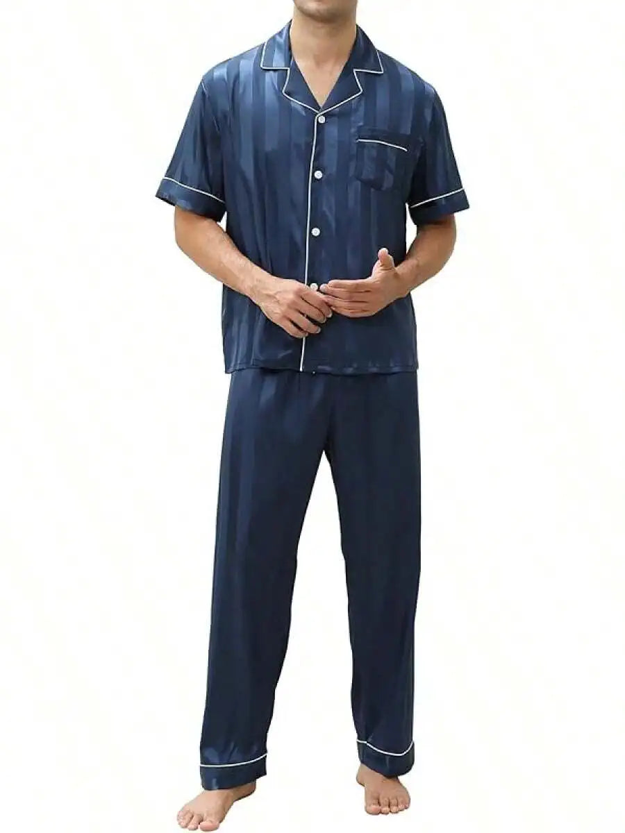 Mens Silk Satin Pajama Set Short Sleeve Button Down Loungewear