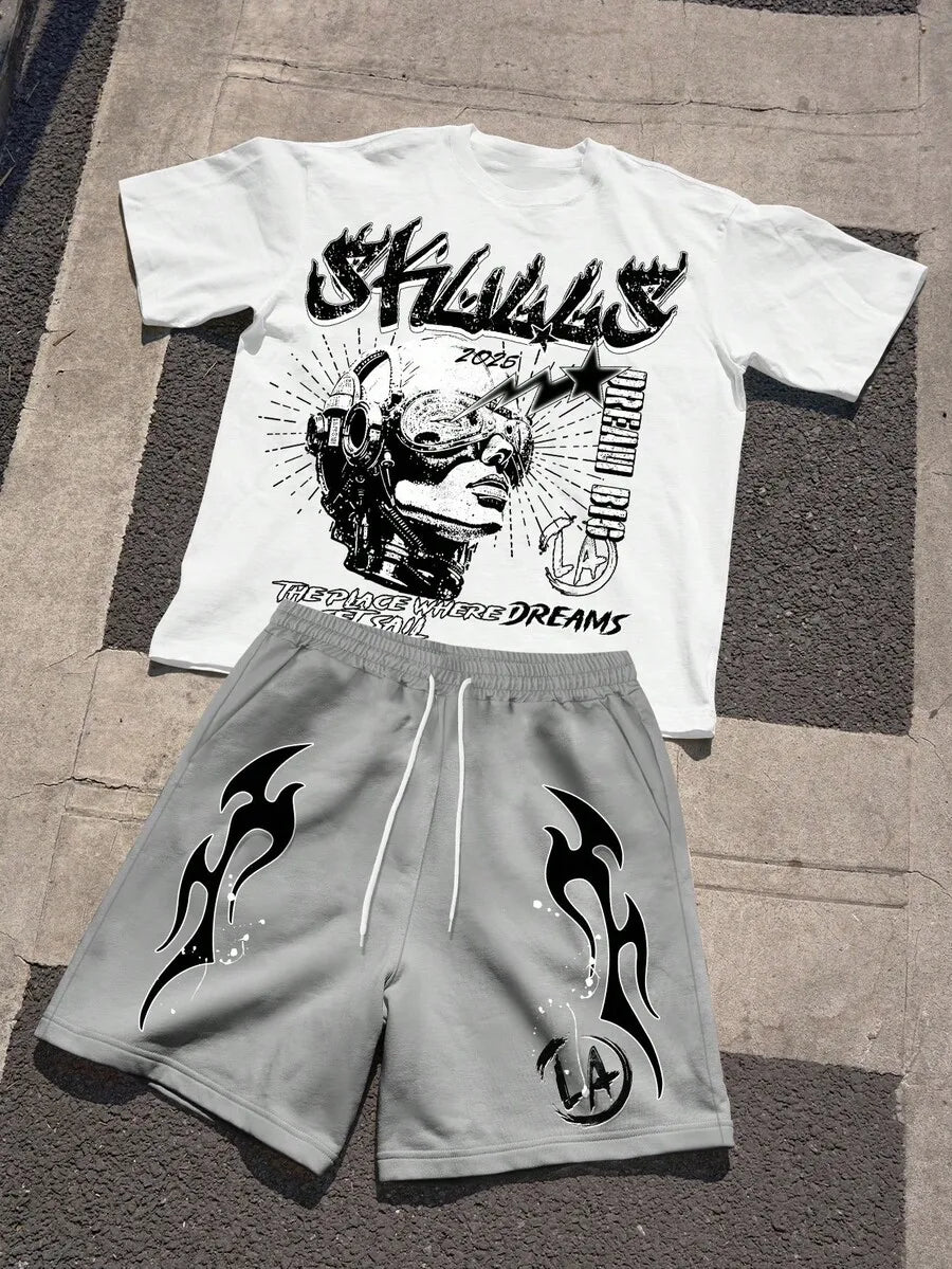 Mens Graphic Print Short Sleeve T Shirt Drawstring Shorts Set