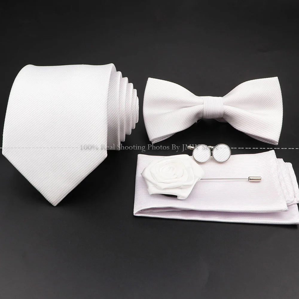 Polyester Slim Striped Tie Set With Bow Tie And Cufflinks For Groom