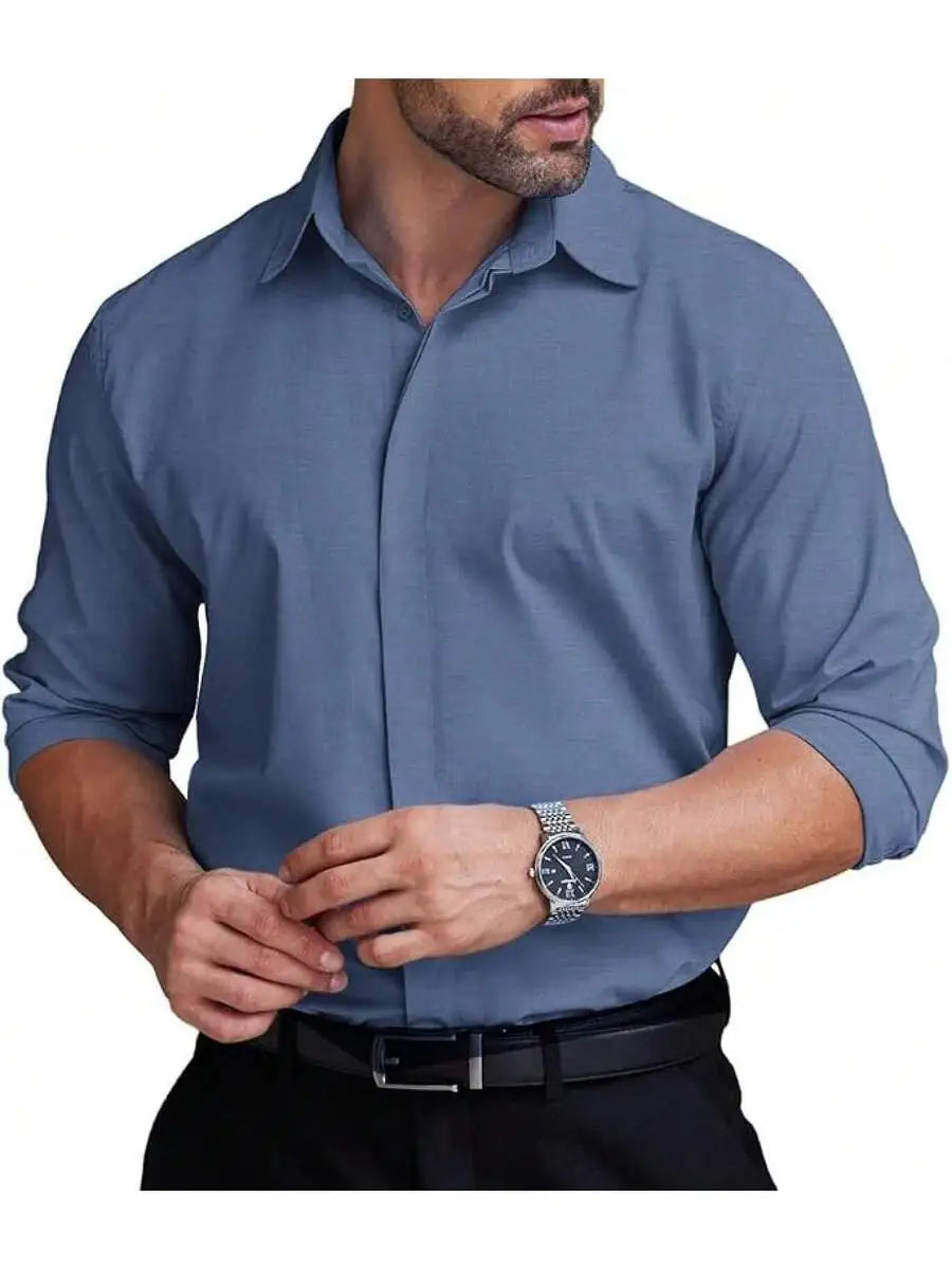 Mens Formal Dress Shirt Hidden Button Front Wrinkle Free Stretch Regular Fit
