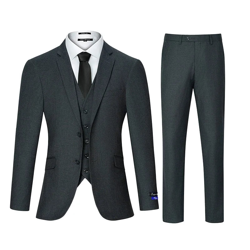 Mens Three Piece Solid Suit Set Regular Fit Button Details