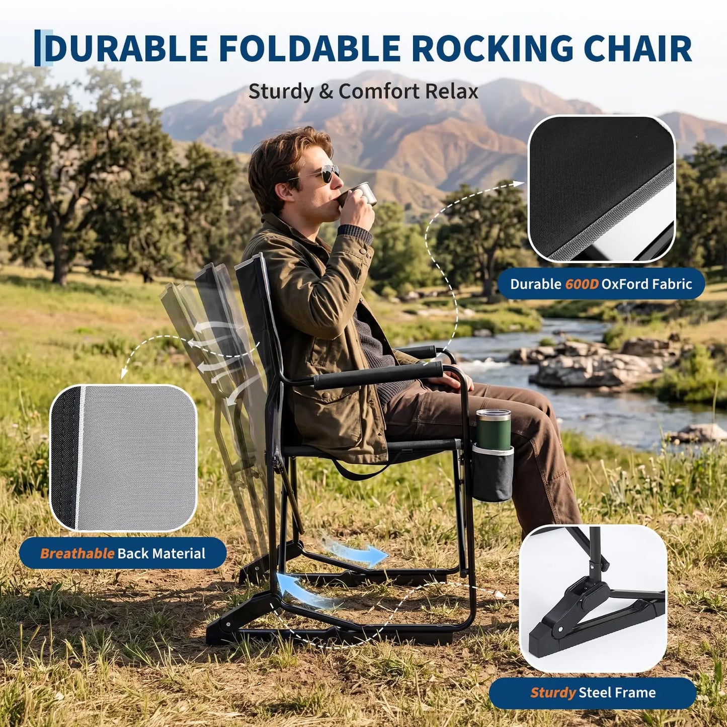HiMISS Outdoor Folding Rocking Chair With Cup Holder And Breathable Backrest